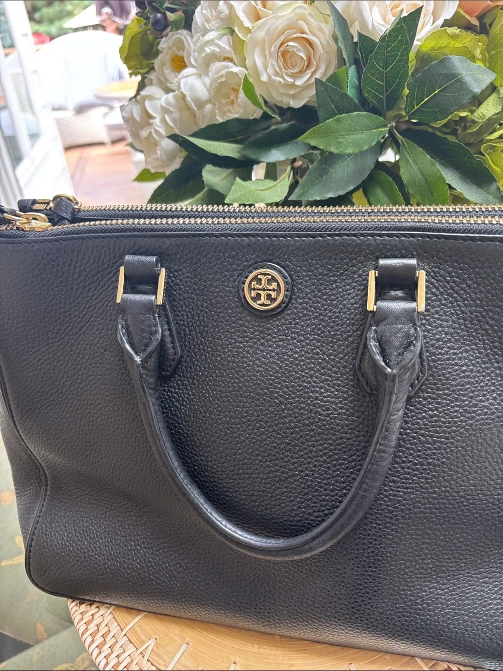 Tory Burch Robinson Double Zip Black Pebbled Leather Satchel Gold Hardware $575
